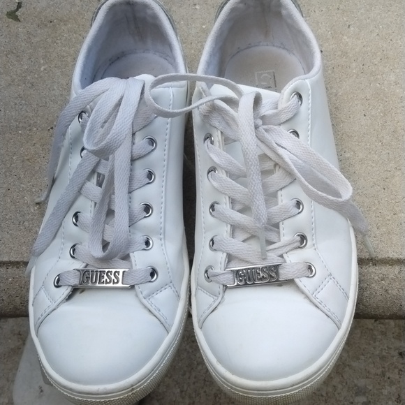 Guess Leather White and Silver Sneakers Size 8.5 - Picture 6 of 8